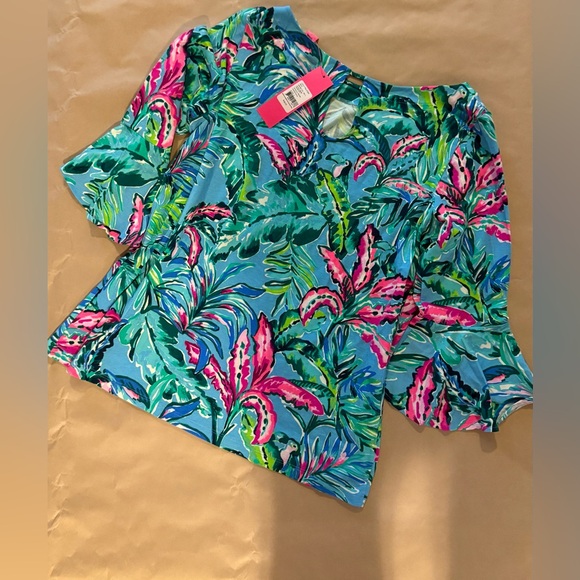 Lilly Pulitzer Fontaine Top Cotton 3/4 Sleeve Porto Blue In The Trees Size Large - Picture 3 of 7